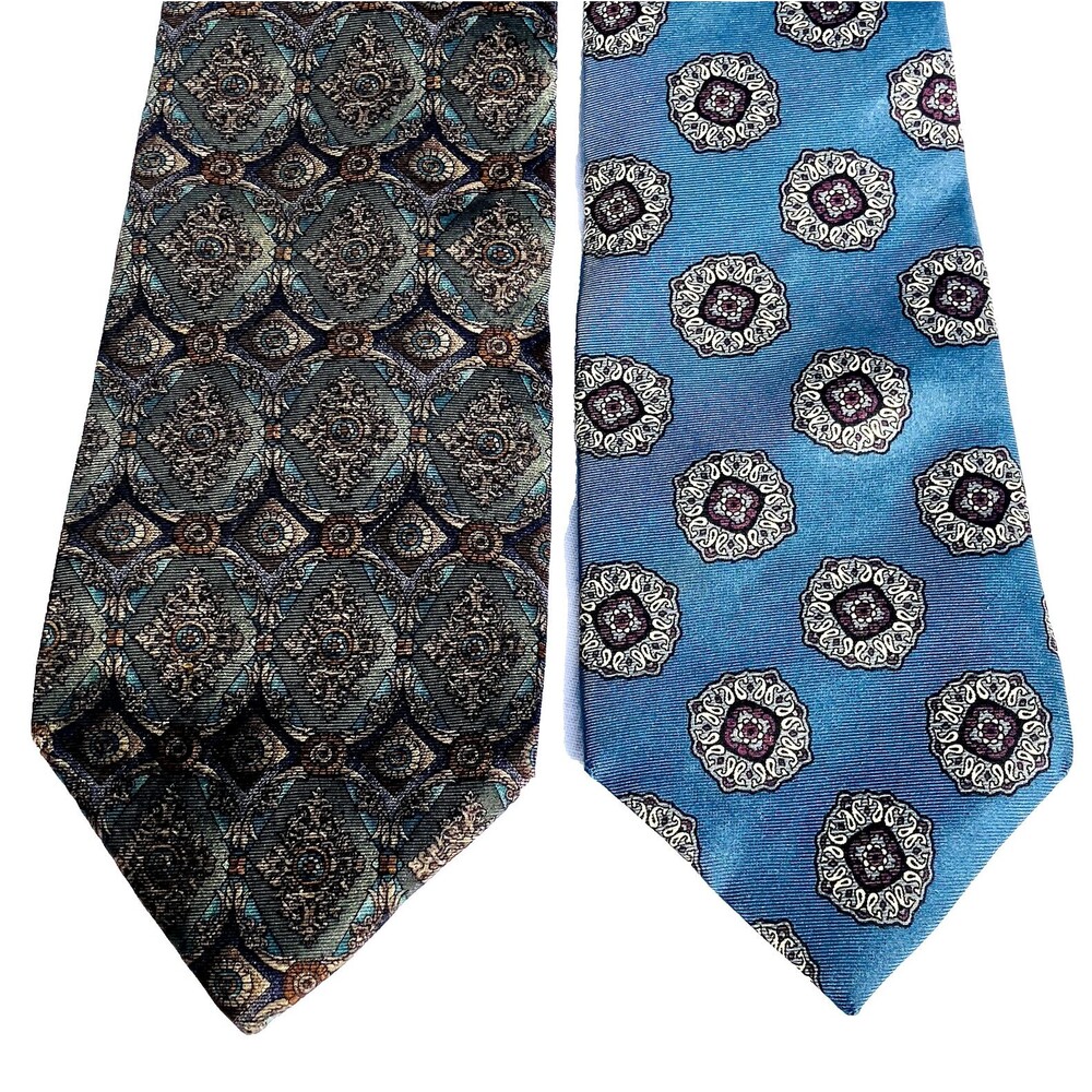 Mallory Church 2 Ties Morgan Hart Baroque Medallion Geometric Silk Blue Preppy